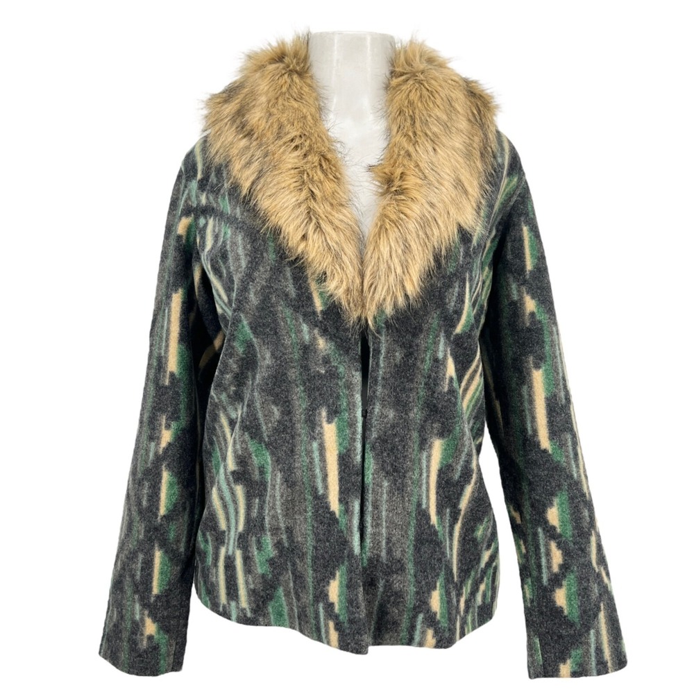 NWOT Colleen Lopez Women Faux Fur Trimmed Southwest Patterned Green Jacket Sz XS